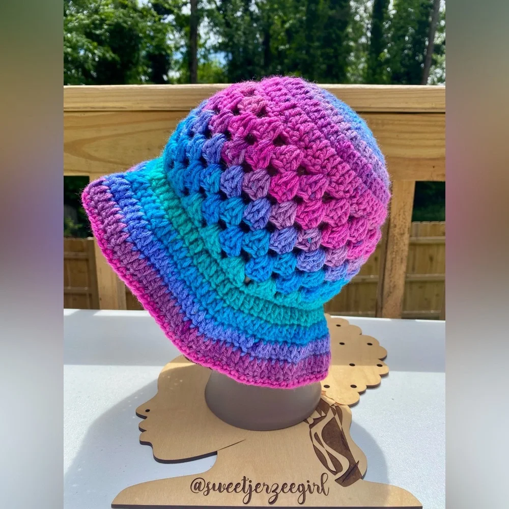 Handmade Bon Bon Purple & Blue Acrylic Granny Stitch Crochet Bucket Hat